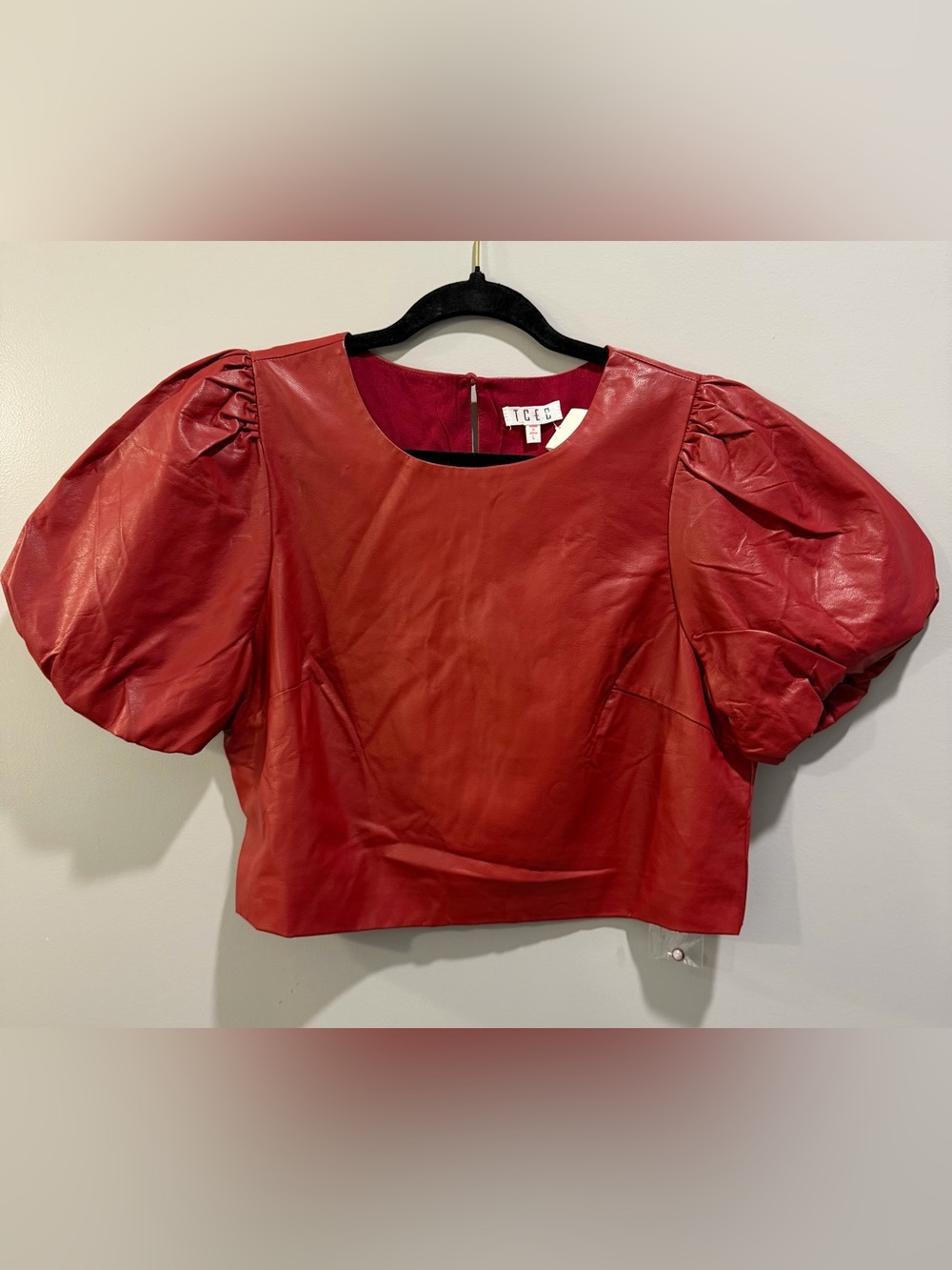 NWT TCEC Faux Leather Puff Sleeve Cropped Top Size L Red
